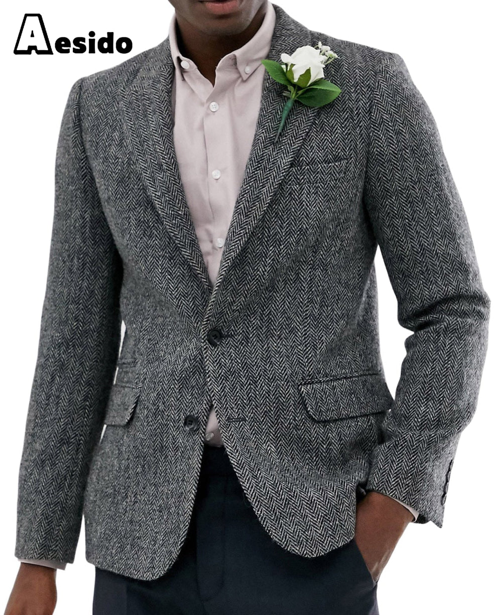 aesido Formal Men's Wool Herringbone Notch Lapel Blazer