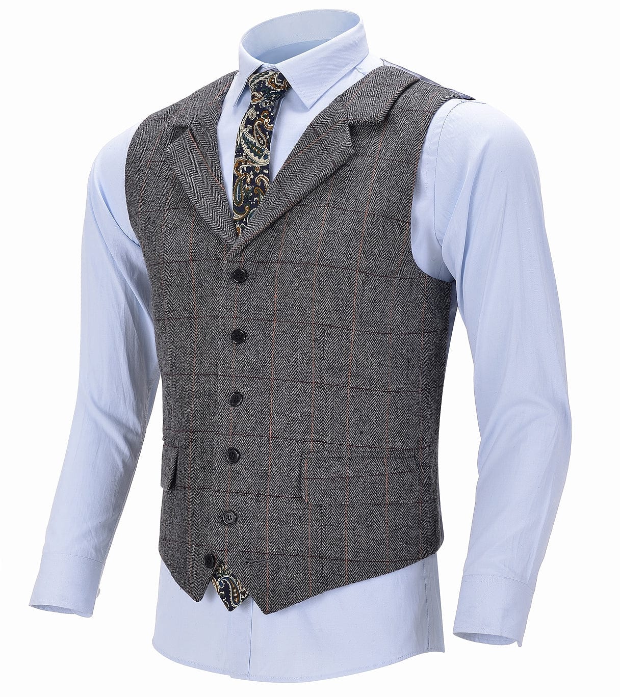 aesido Grey Casual Men's Suit Vest Plaid Notch Lapel Waistcoat