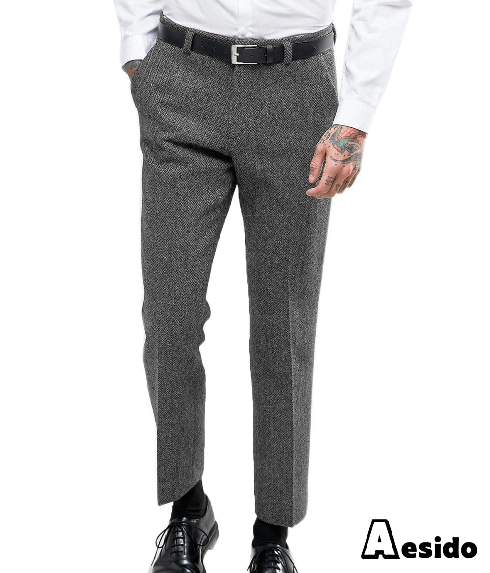 Aesido Herringbone Tweed Trousers