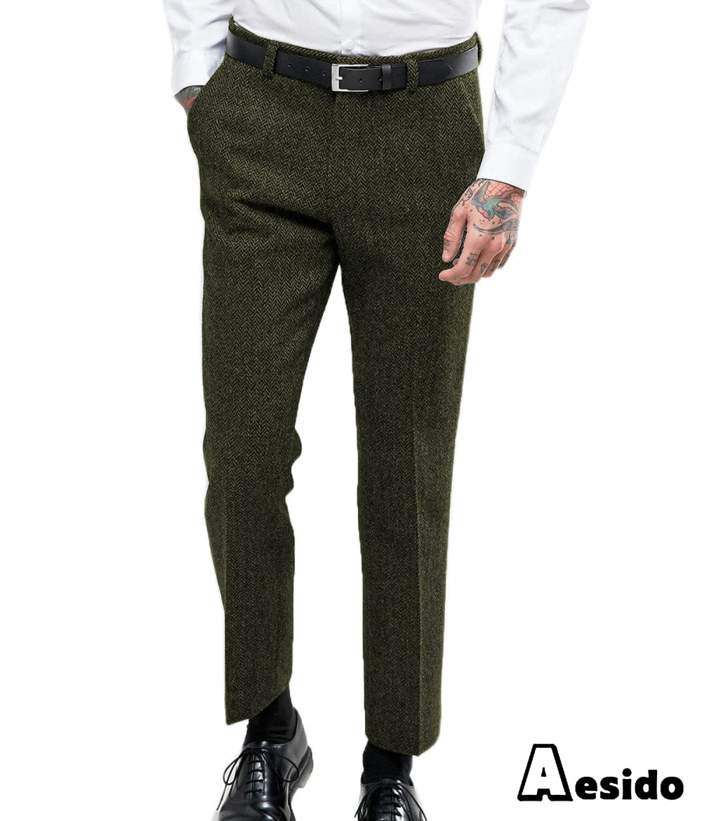 Aesido Herringbone Tweed Trousers