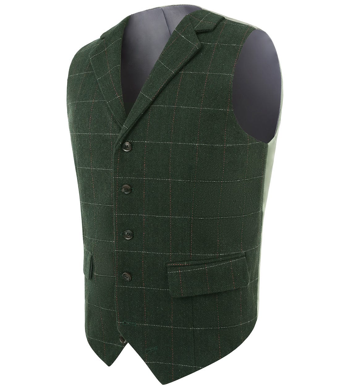 aesido Hunt Green Casual Men's Suit Vest Plaid Notch Lapel Waistcoat