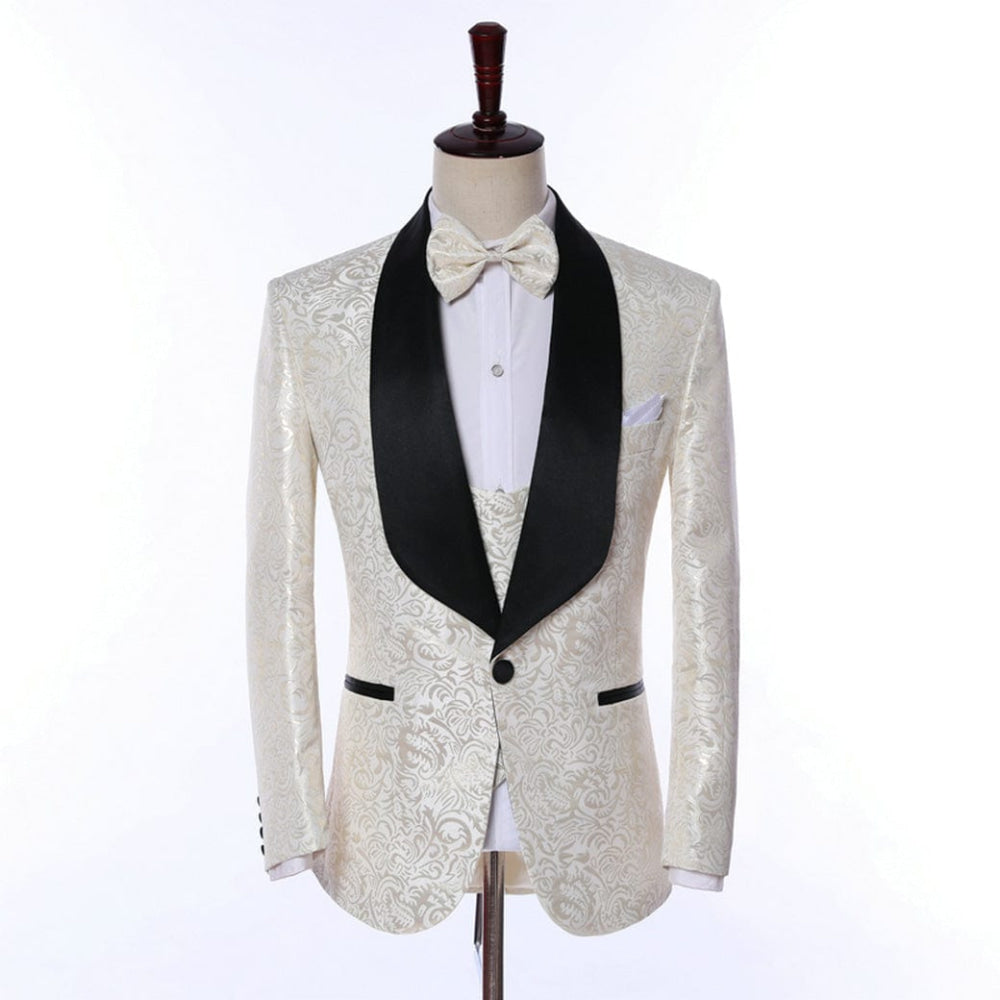 aesido Ivory Patterned 2 Pieces Mens Suit Formal Shawl Lapel Tuxedos (Blazer+Vest+Pants)