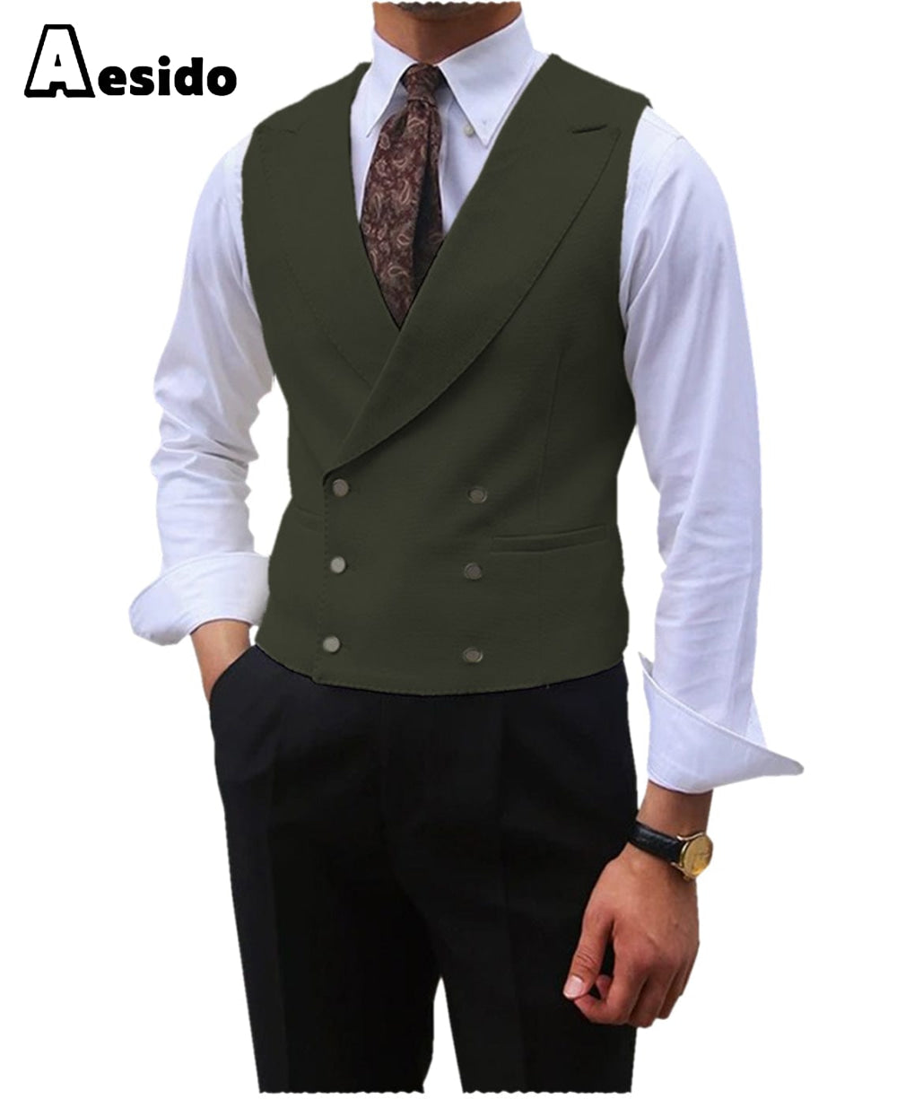 aesido Leisure Double Breasted Peak Lapel Men Waistcoat