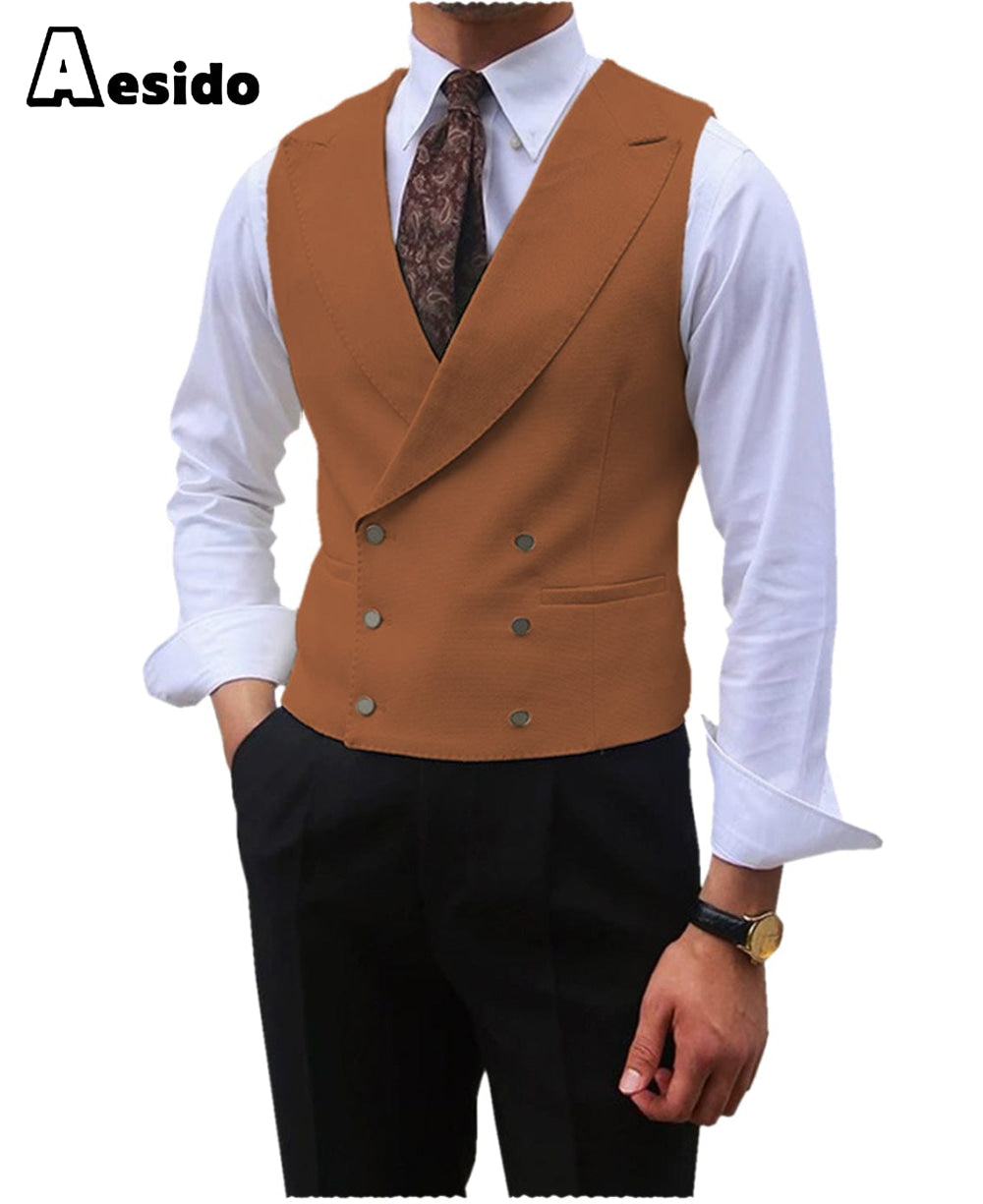 aesido Leisure Double Breasted Peak Lapel Men Waistcoat