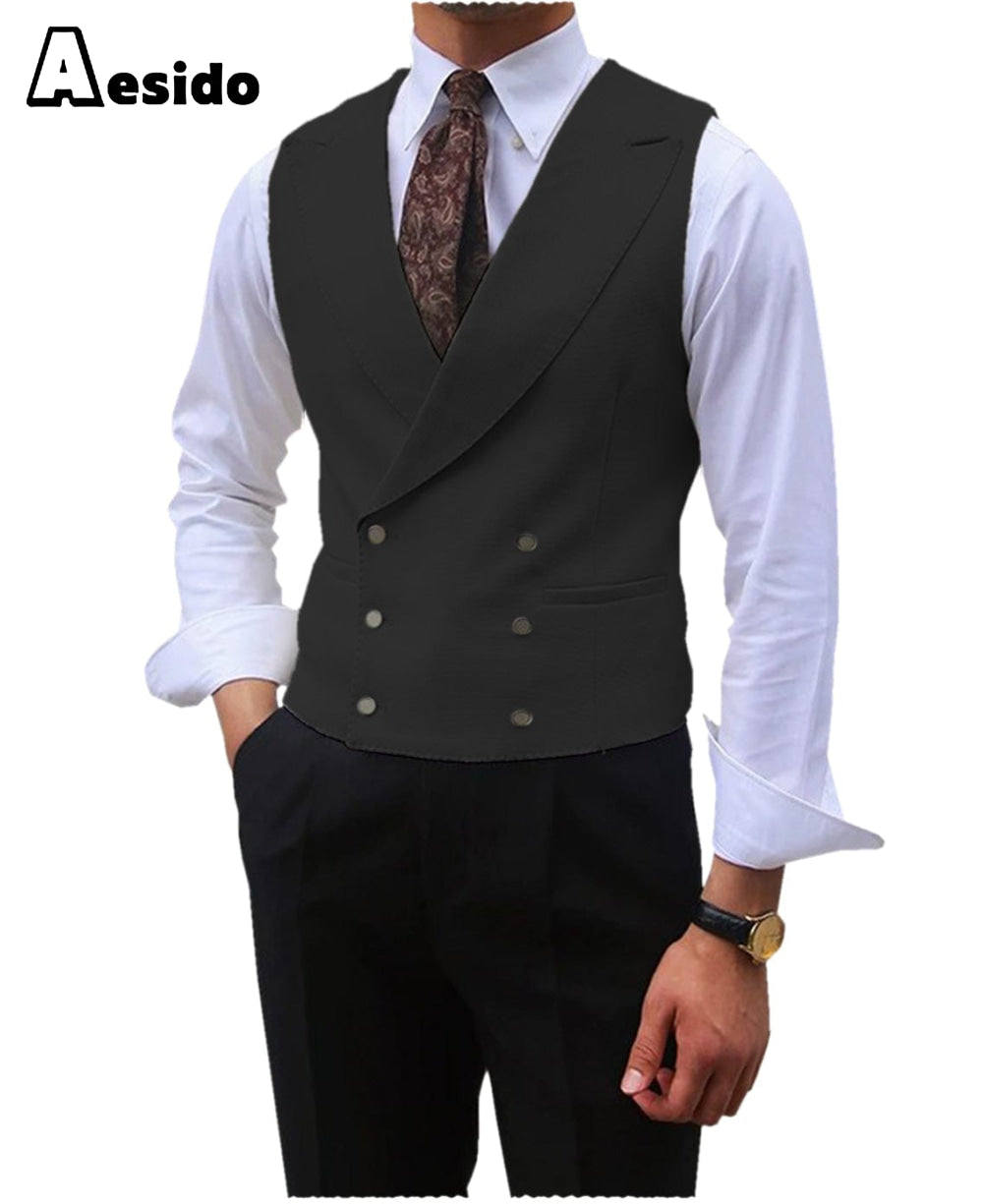 aesido Leisure Double Breasted Peak Lapel Men Waistcoat