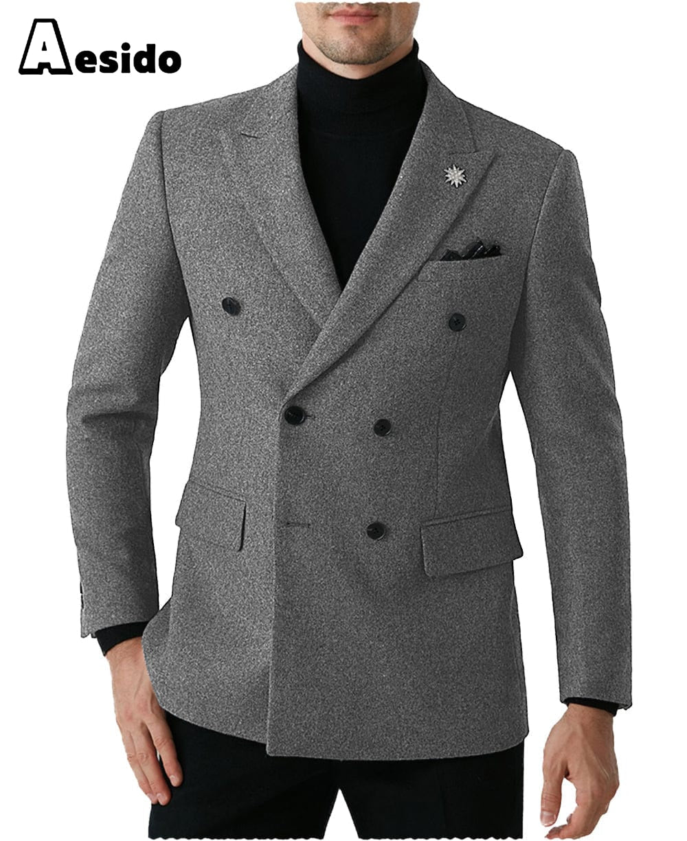 aesido Men Double Button Notch Lapel Tweed Blazer