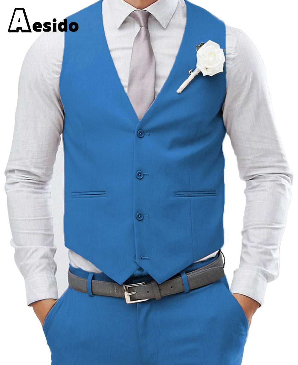 aesido Men's 2 Pieces Single Breasted V Neck Waistcoat（Vest+Pants）