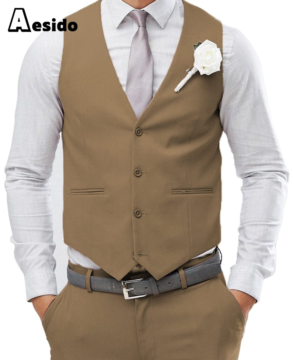 aesido Men's 2 Pieces Single Breasted V Neck Waistcoat（Vest+Pants）