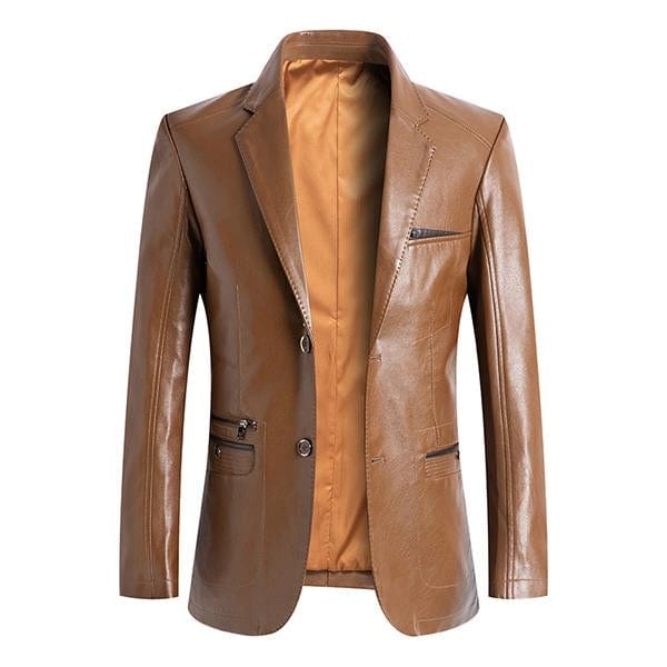 aesido Men's Casual Notch Lapel Double Button Leather Blazer