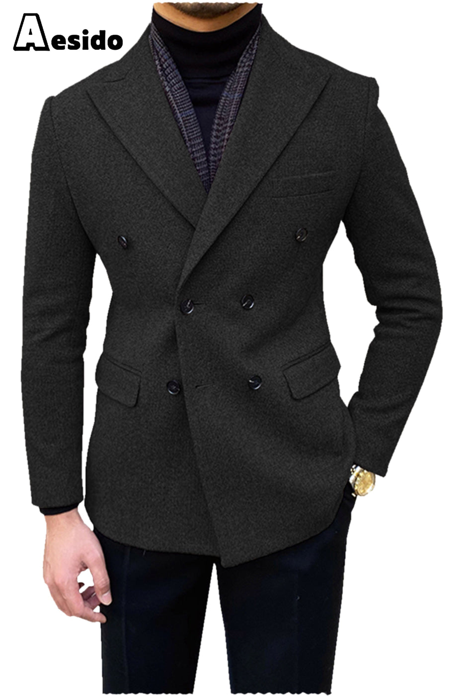 aesido Men's Double Breasted Peak Lapel Blazer