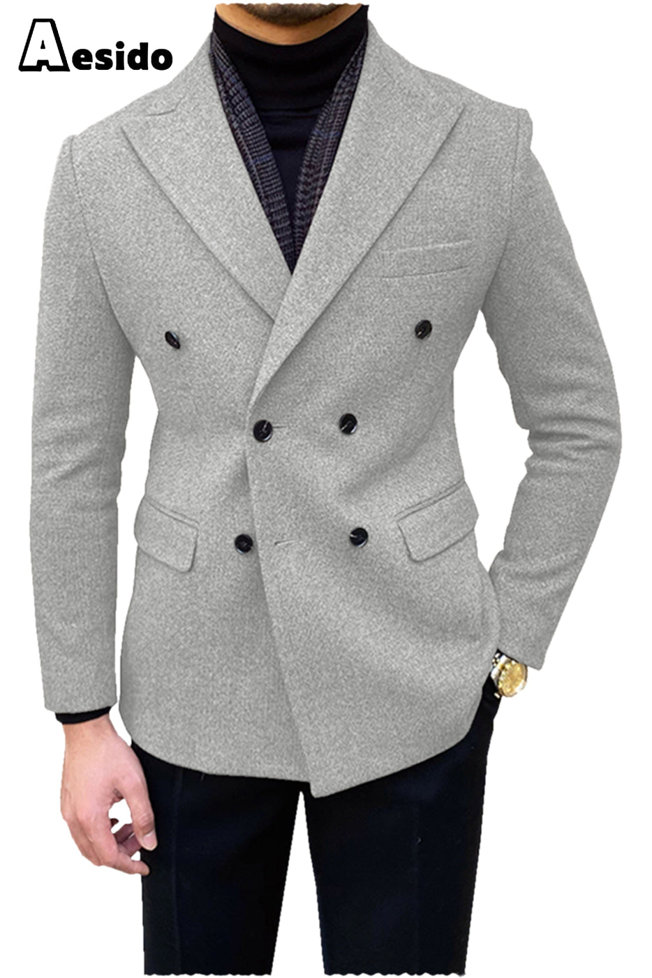 aesido Men's Double Breasted Peak Lapel Blazer