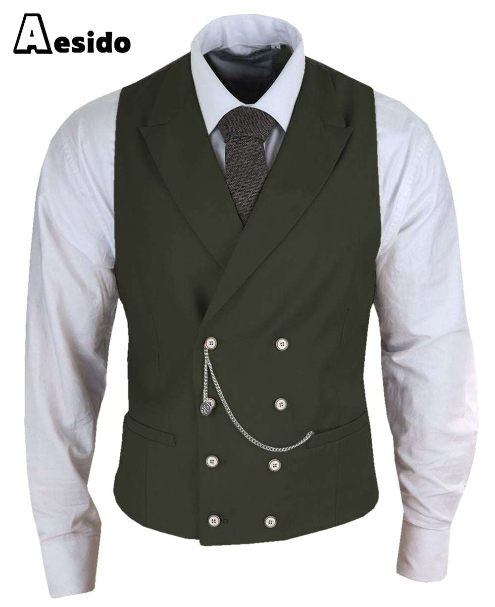 aesido Men's Double Breasted Peak Lapel Waistcoat