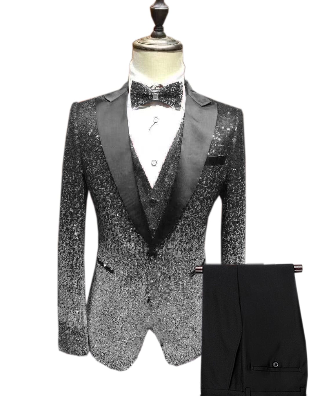 aesido Men's Fashion Gradient Sequined Tuxedo Suit Peak Lapel Men's Suit (Blazer + Vest + Pants)