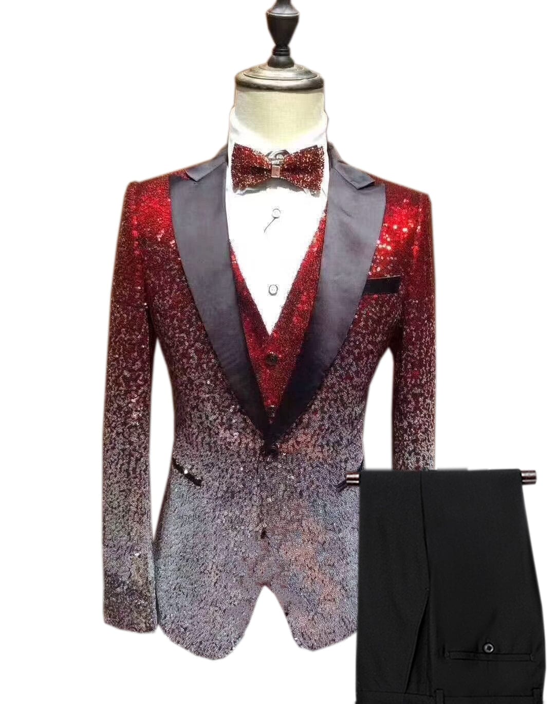 aesido Men's Fashion Gradient Sequined Tuxedo Suit Peak Lapel Men's Suit (Blazer + Vest + Pants)