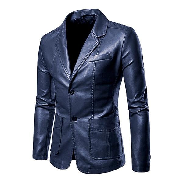 aesido Men's Notch Lapel Double Button Leather Blazer