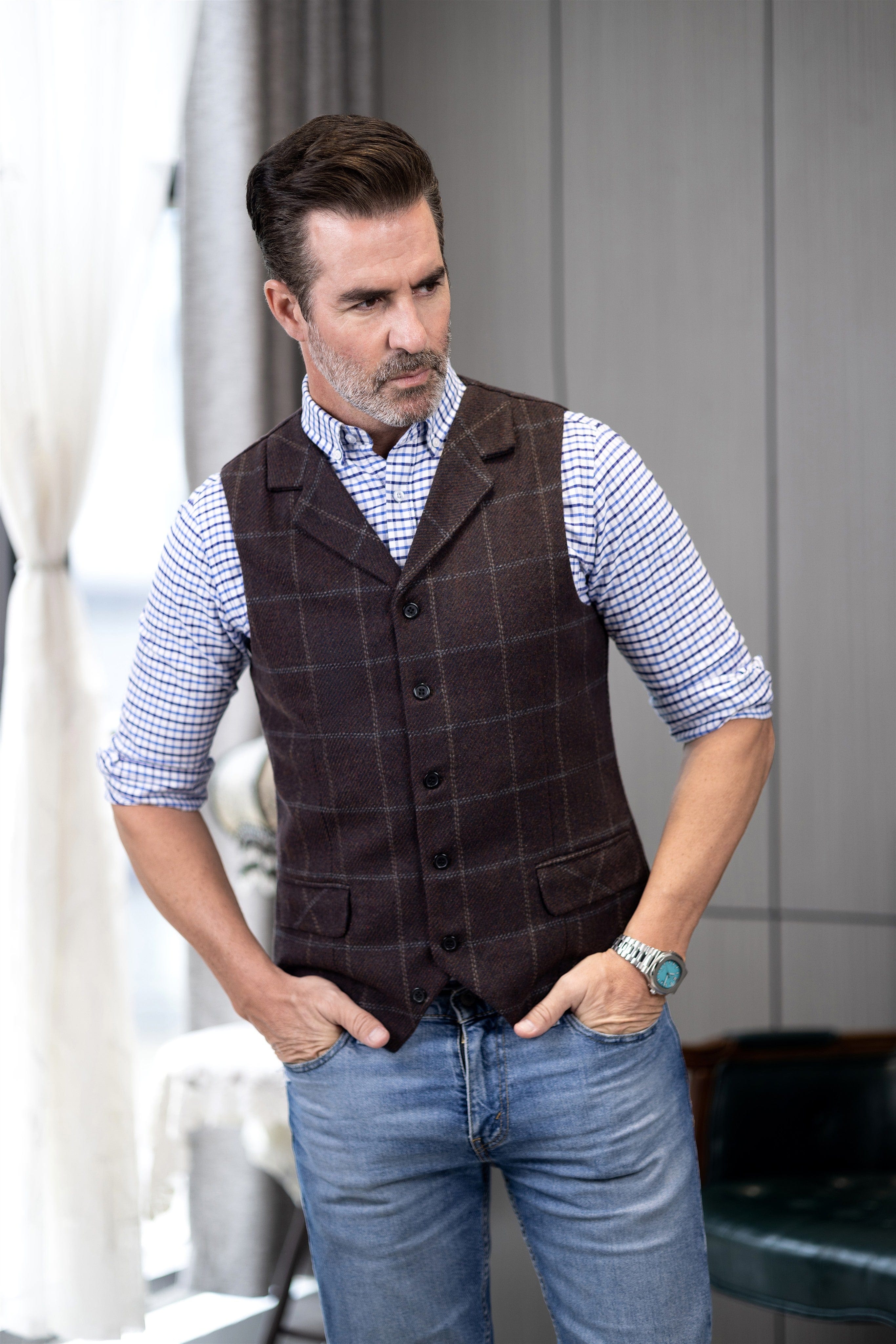 aesido Men's Plaid Single Breasted  Notch Lapel Casual Vest