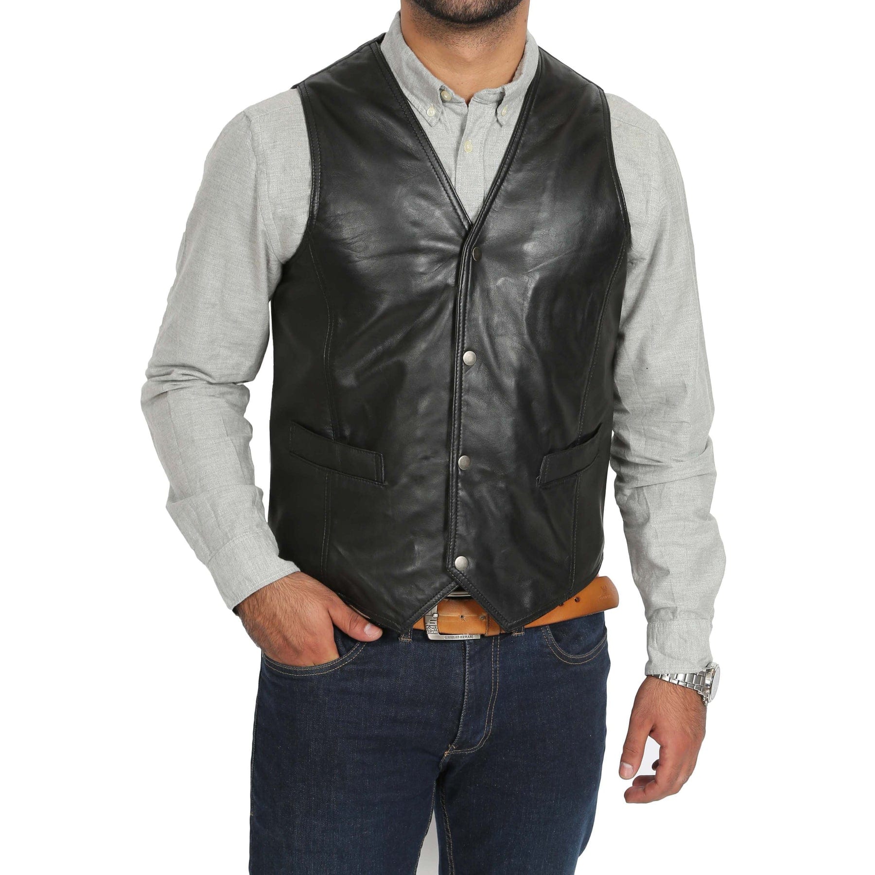 aesido Men's Single Breasted V Neck Leather Vest