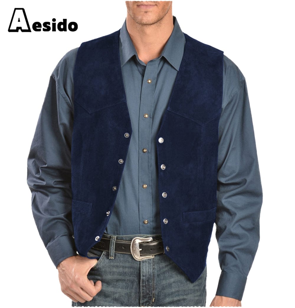 aesido Mens Casual Suede V Lapel Single Breasted Waistcoat