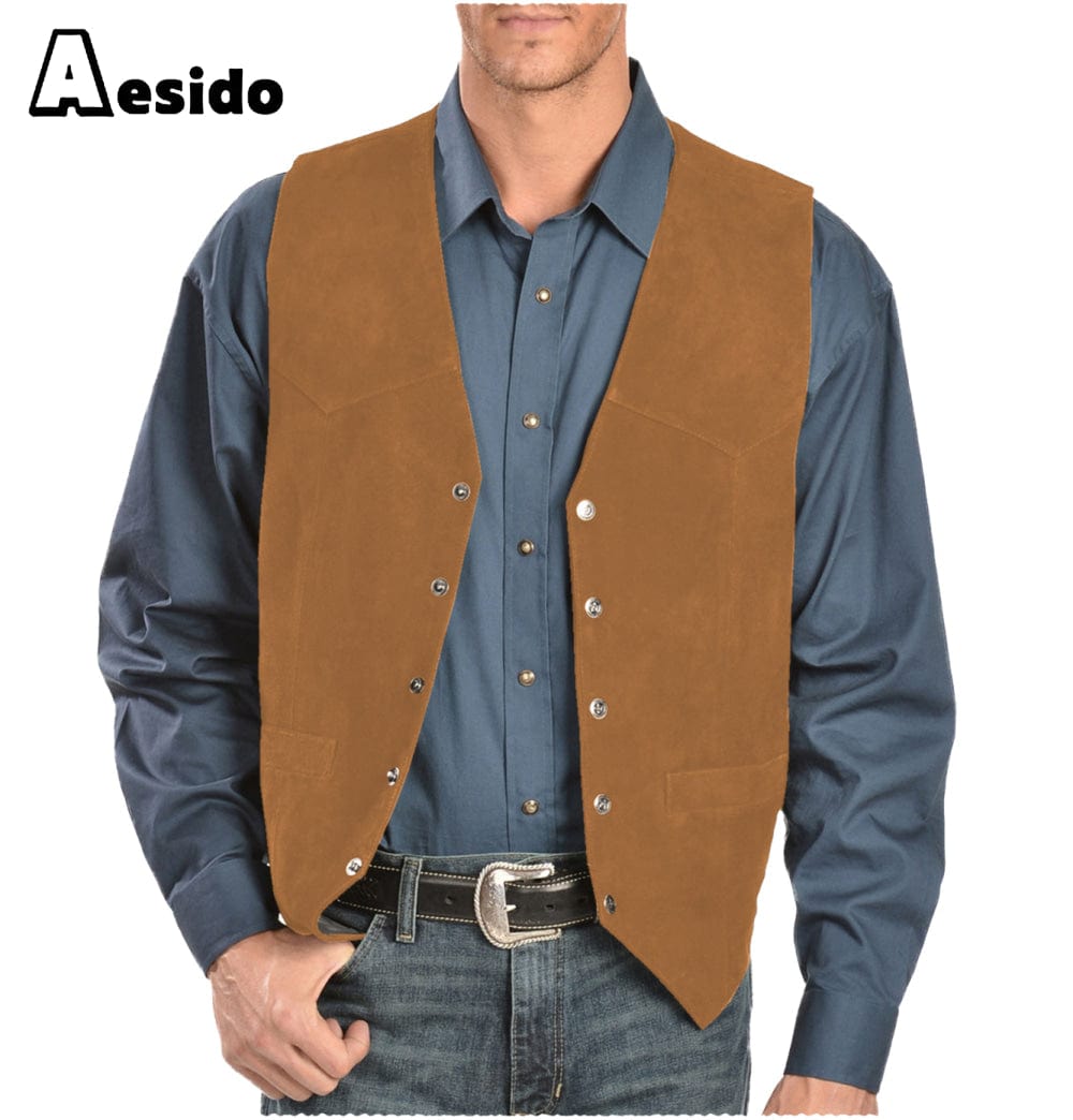 aesido Mens Casual Suede V Lapel Single Breasted Waistcoat