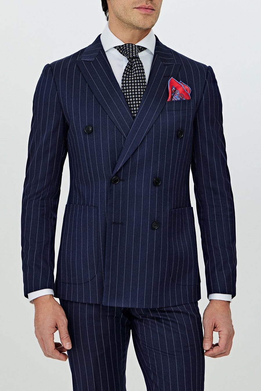 aesido Navy 2 Pece Business Double Breasted Notch Lapel Striped Men's Suit (Blazer+Pants)