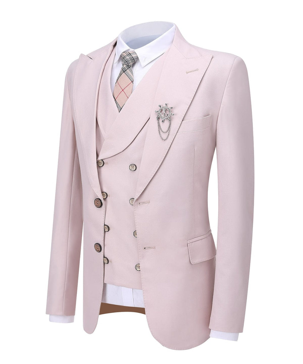 aesido Pink Flat Peak Lapel 3 Pieces Mens Suit For Wedding (Blazer+vest+Pants)