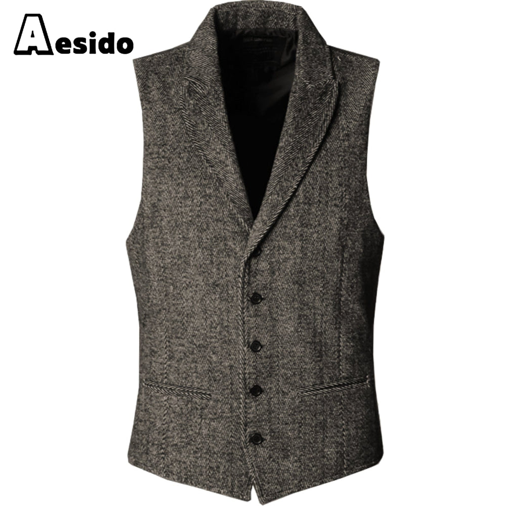 aesido Slim Fit Herringbone Peak Lapel Waistcoat