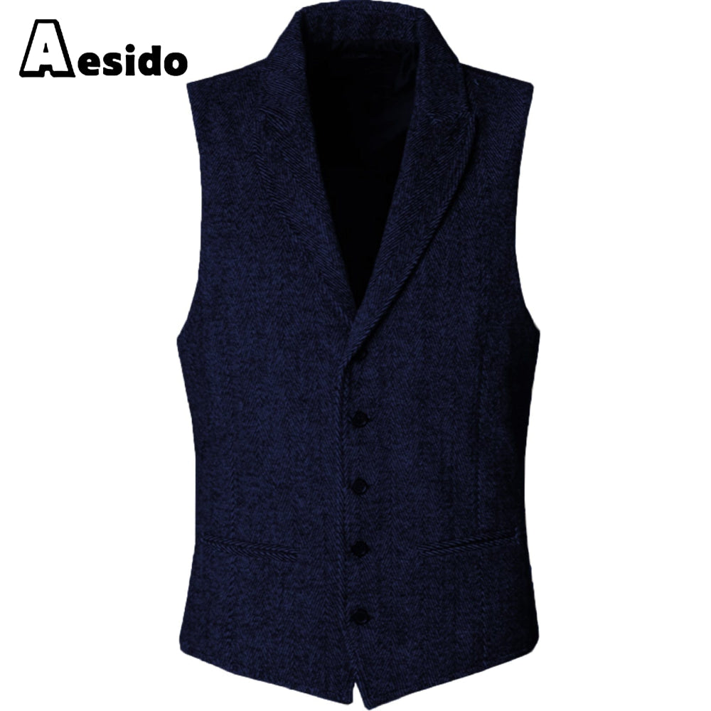 aesido Slim Fit Herringbone Peak Lapel Waistcoat