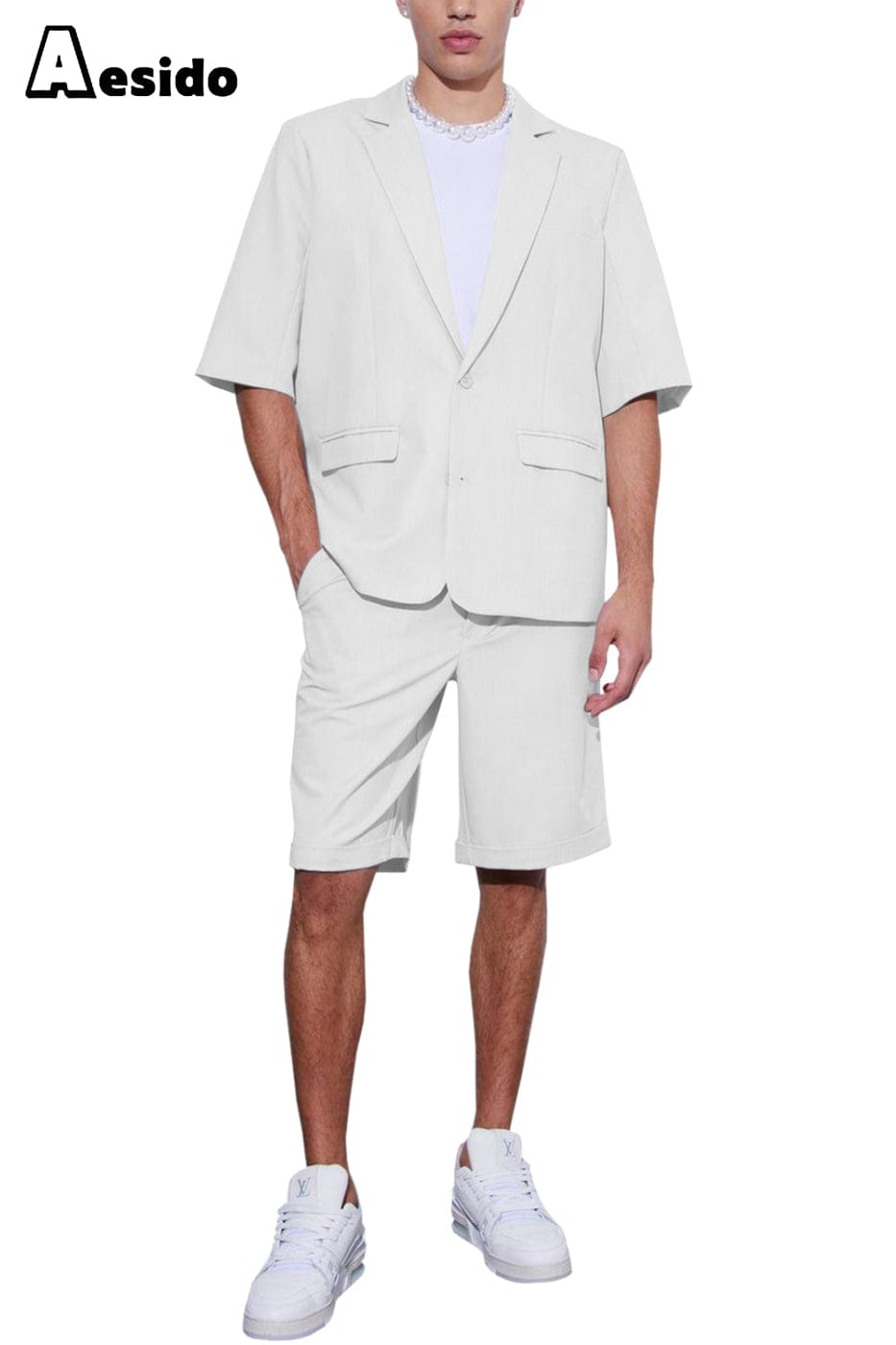 aesido Summer Casual Notch Lapel Men's Suit (Blazer+Shorts)